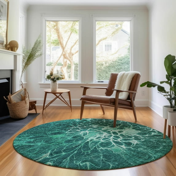 Addison Rugs Mayfield Washable Transitional Modern Teal Round Rug, 8' x 8'