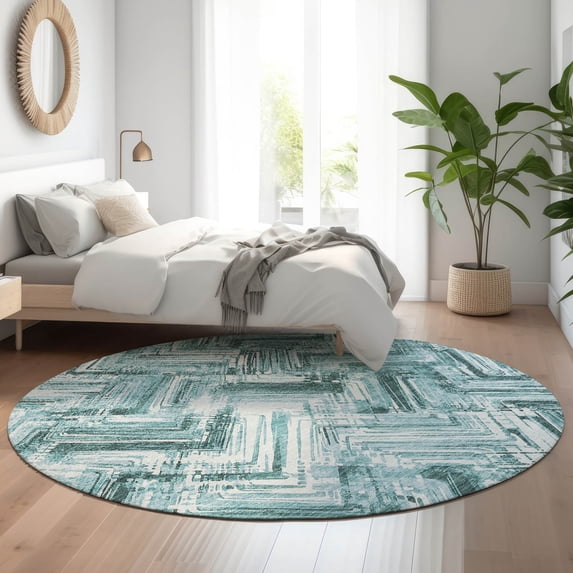 Addison Rugs Mayfield Washable Transitional Modern Teal Round Rug, 8' x 8'