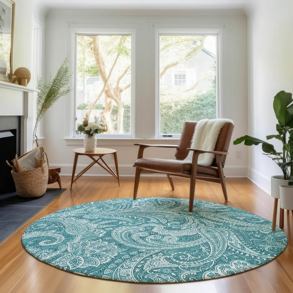 Addison Rugs Mayfield Washable Transitional Paisley Turquoise Round Rug, 8' x 8'
