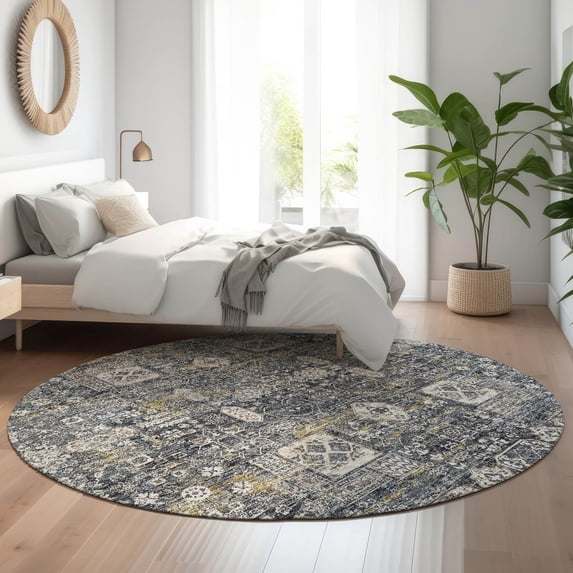 Addison Rugs Mayfield Washable Transitional Panel Charcoal Round Rug, 8' x 8'