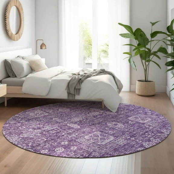 Addison Rugs Mayfield Washable Transitional Panel Purple Round Rug, 8' x 8'