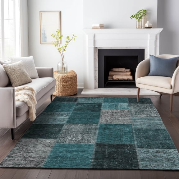 Addison Rugs Mayfield Washable Transitional Patchwork Teal Rectangle Rug, 10' x 14'