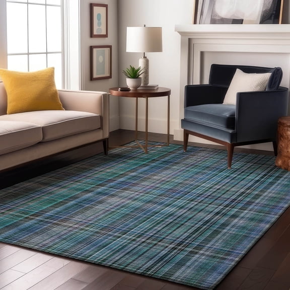 Addison Rugs Mayfield Washable Transitional Plaid Teal Rectangle Rug, 3' x 5'