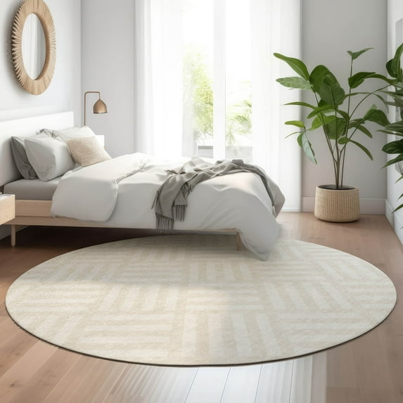 Addison Rugs Mayfield Washable Transitional Squares Ivory Round Rug, 8' x 8'