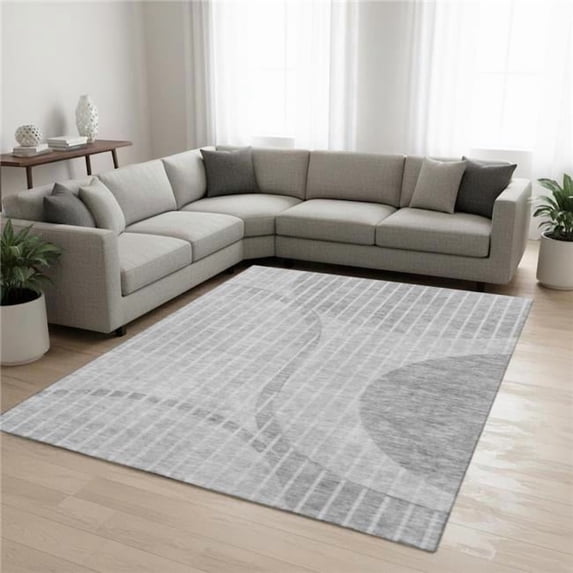 HomeRoots 657676 9 x 12 ft. Gray & Ivory Striped Transitional Washable Machine Made Rectangle Area Rug with UV Protection