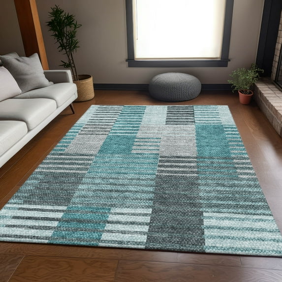 Addison Rugs Mayfield Washable Transitional Striped Teal Rectangle Rug, 5' x 7'6"