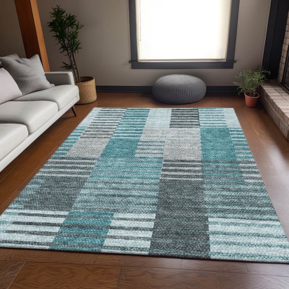 Addison Rugs Mayfield Washable Transitional Striped Teal Rectangle Rug, 8' x 10'