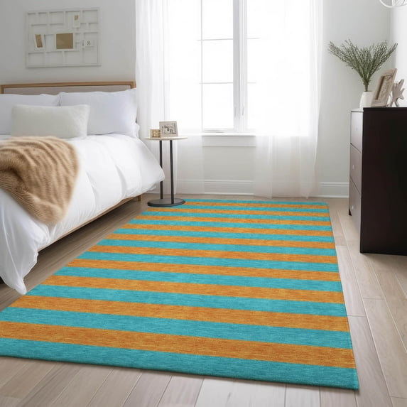 Addison Rugs Mayfield Washable Transitional Stripes Aqua Rectangle Rug, 10' x 14'