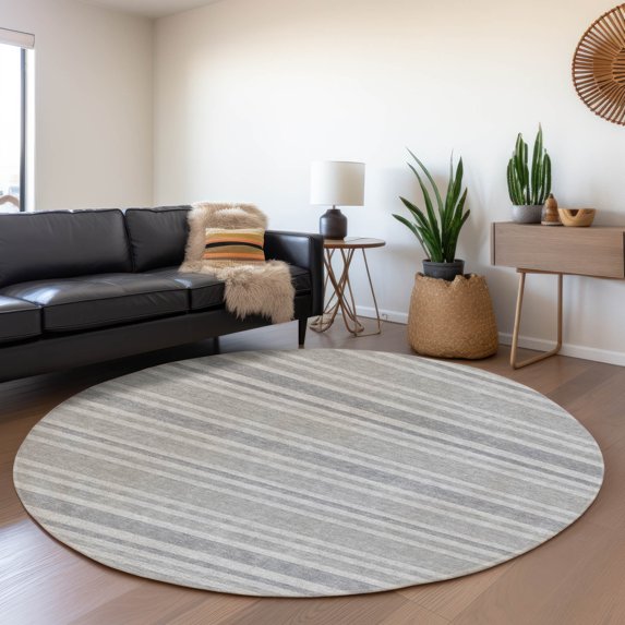 Addison Rugs Mayfield Washable Transitional Stripes Silver Round Rug, 8' x 8'