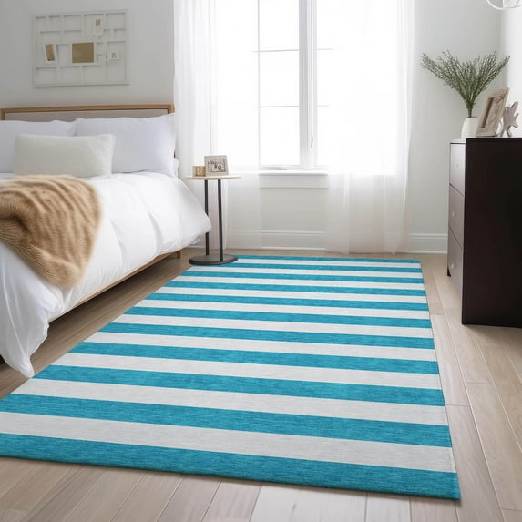Addison Rugs Mayfield Washable Transitional Stripes Teal Rectangle Rug, 5' x 7'6"