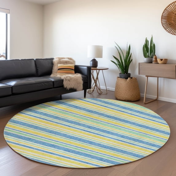 Addison Rugs Mayfield Washable Transitional Stripes Yellow Round Rug, 8' x 8'