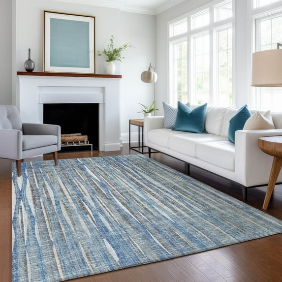Addison Rugs Mayfield Washable Transitional Textured Stripes Blue Rectangle Rug, 8' x 10'