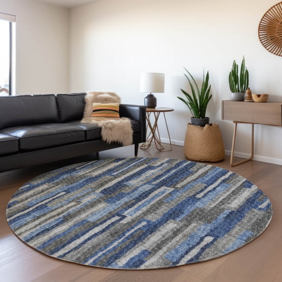 Addison Rugs Mayfield Washable Transitional Vertical Bars Blue Round Rug, 8' x 8'