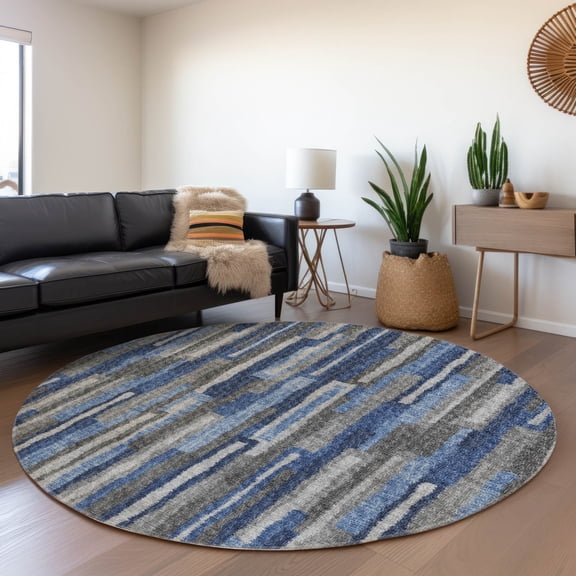 Addison Rugs Mayfield Washable Transitional Vertical Bars Blue Round Rug, 8' x 8'