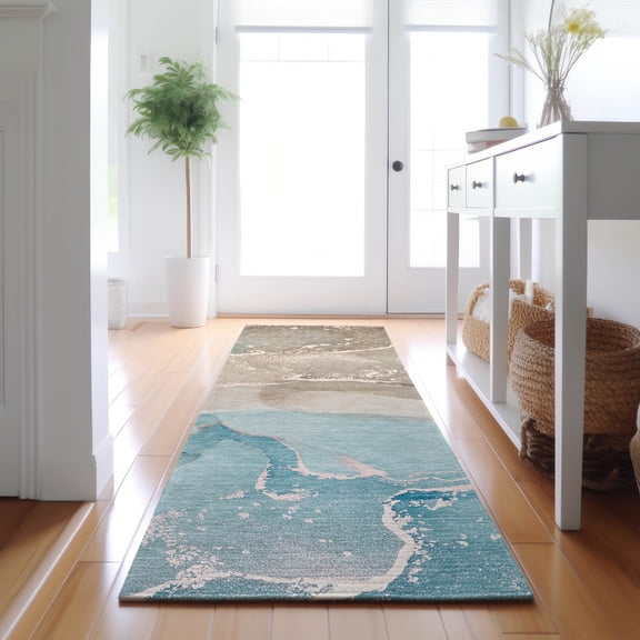Addison Rugs Mayfield Washable Transitional Watercolors Teal Runner Rug, 2'3" x 7'6"
