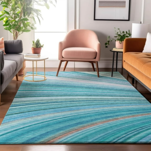 Addison Rugs Mayfield Washable Transitional Waves Teal Rectangle Rug, 5' x 7'6"