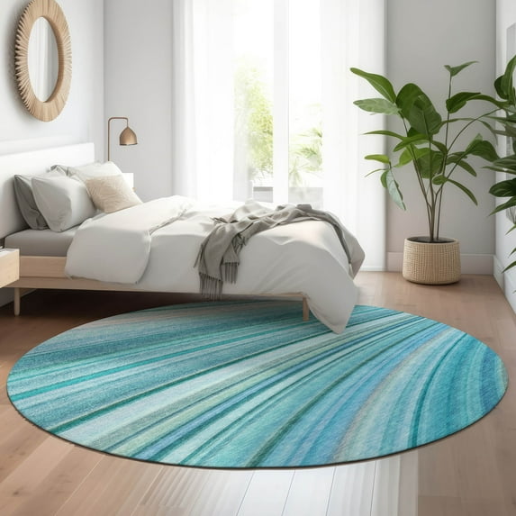 Addison Rugs Mayfield Washable Transitional Waves Teal Round Rug, 8' x 8'