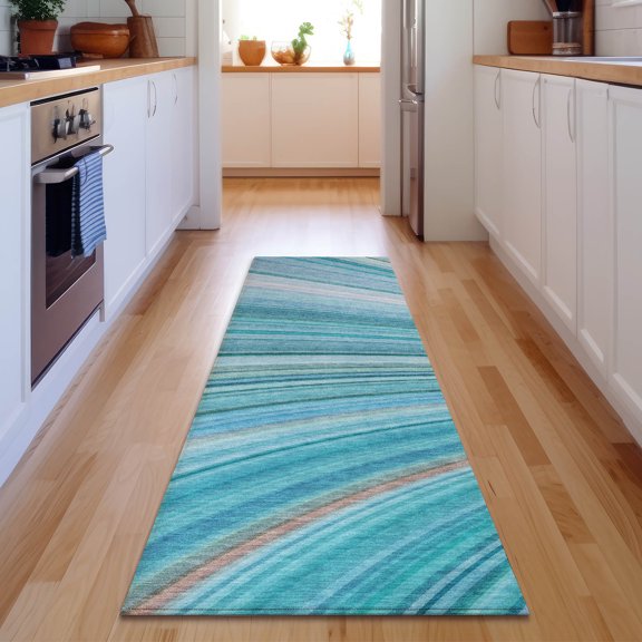 Addison Rugs Mayfield Washable Transitional Waves Teal Runner Rug, 2'3" x 7'6"