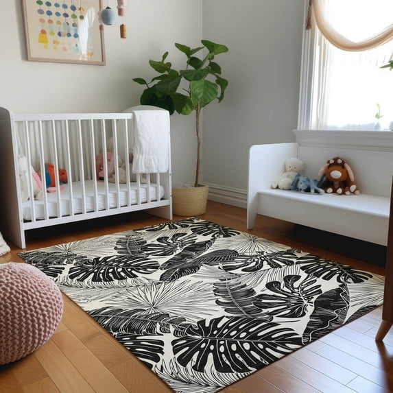 Addison Rugs Mayfield Washable Tropical Large Leaves Midnight Rectangle Rug, 2'6" x 3'10"