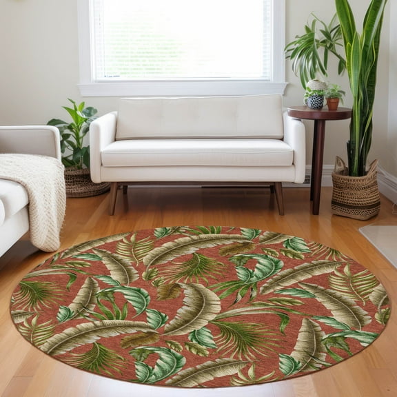 Addison Rugs Mayfield Washable Tropical Leaves Spice Round Rug, 8' x 8'