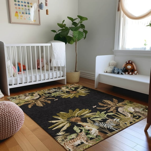 Addison Rugs Mayfield Washable Tropical Palms & Safari Animals Midnight Rectangle Rug, 2'6" x 3'10"