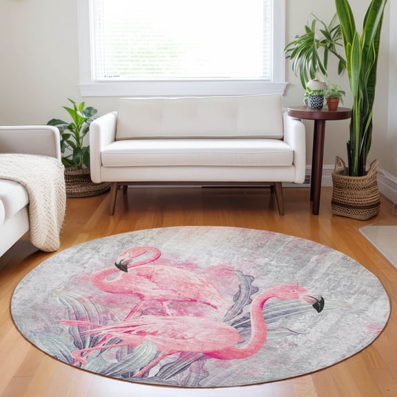 Addison Rugs Mayfield Washable Tropical Soft Flamingos Pink Round Rug, 8' x 8'