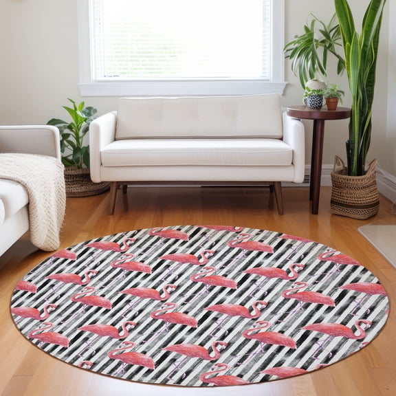 Addison Rugs Mayfield Washable Tropical Stripes & Flamingos Pink Round Rug, 8' x 8'