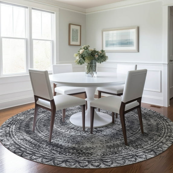 Addison Rugs Mayfield Washable Transitional Medallion Gray Round Rug, 8' x 8'