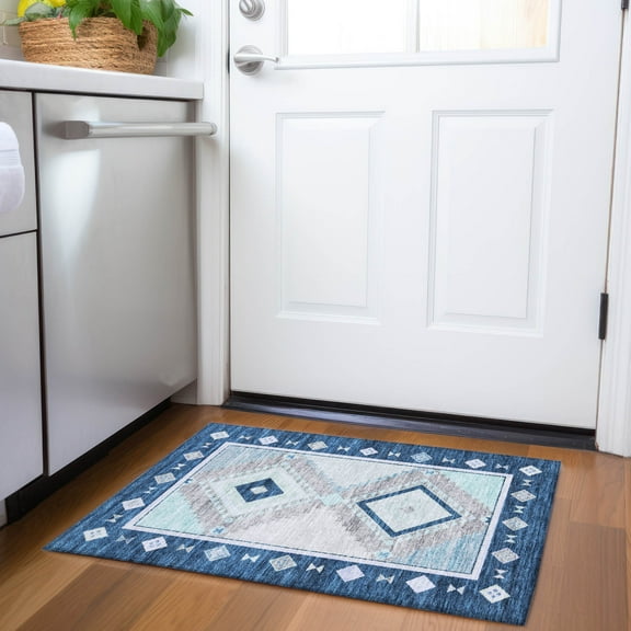 Addison Rugs Mayfield Washable Southwest Aztec Blue Rectangle Rug, 1'8" x 2'6"