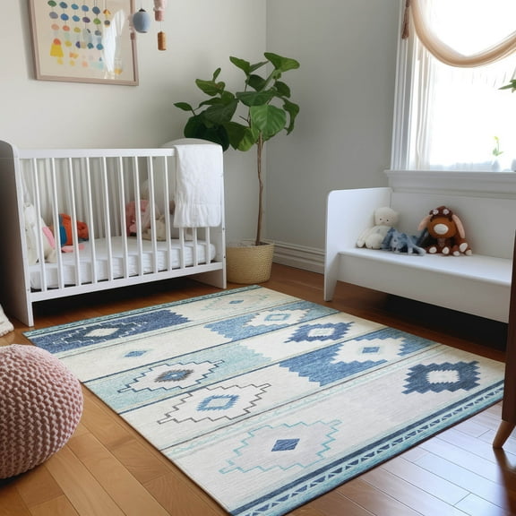 Addison Rugs Mayfield Washable Southwest Aztec Blue Rectangle Rug, 2'6" x 3'10"