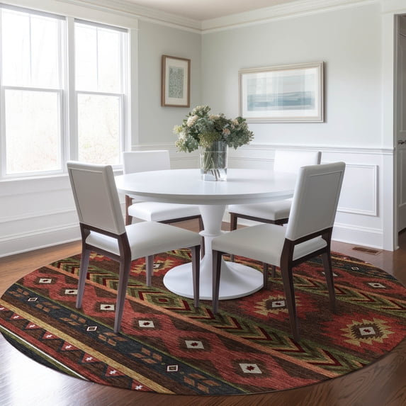 Addison Rugs Mayfield Washable Southwest Aztec Brown Round Rug, 8' x 8'