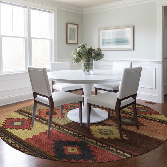 Addison Rugs Mayfield Washable Southwest Aztec Paprika Round Rug, 8' x 8'