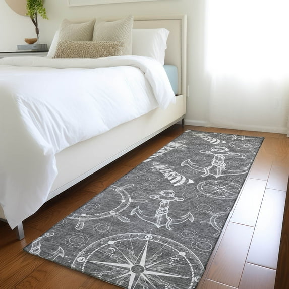 Addison Rugs Mayfield Washable Coastal Nautical Gray Runner Rug, 2'3" x 7'6"