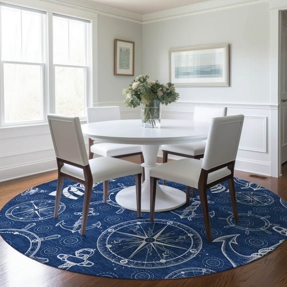 Addison Rugs Mayfield Washable Coastal Nautical Navy Round Rug, 8' x 8'
