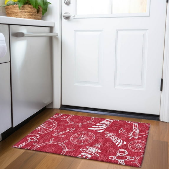 Addison Rugs Mayfield Washable Coastal Nautical Red Rectangle Rug, 1'8" x 2'6"