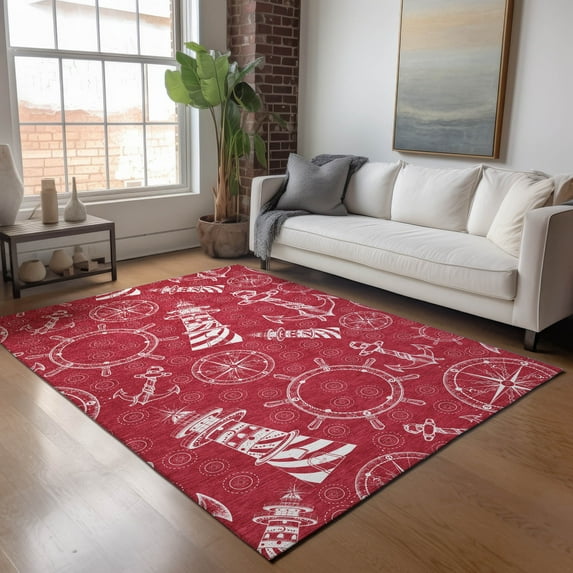 Addison Rugs Mayfield Washable Coastal Nautical Red Rectangle Rug, 10' x 14'