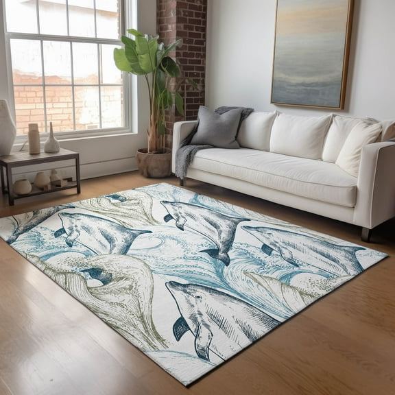Addison Rugs Mayfield Washable Coastal Dolphin Ivory Rectangle Rug, 10' x 14'