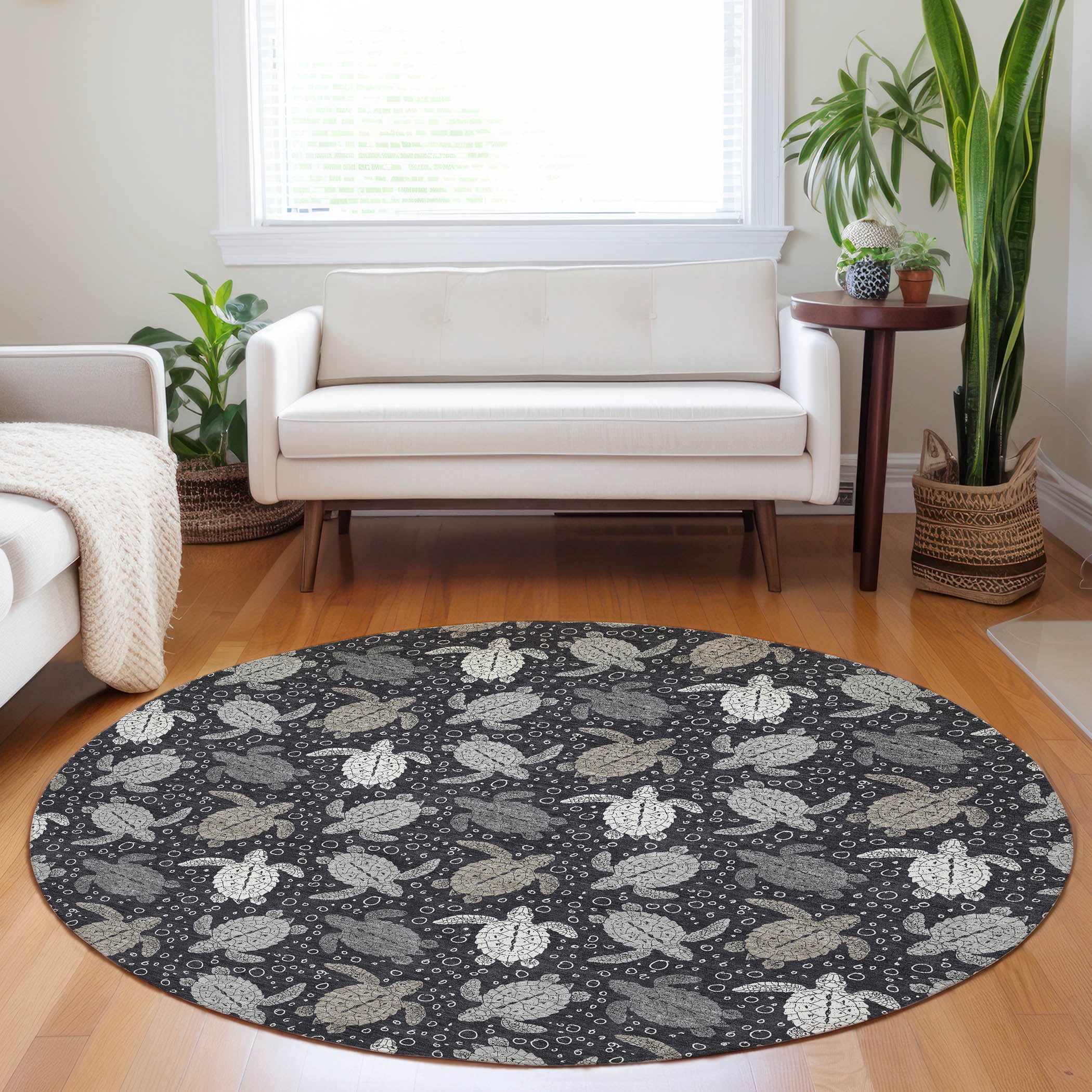 Round Turtle Rug Addison Rugs Mayfield Washable Coastal Turtles Midnight Round Rug, 8' x ...