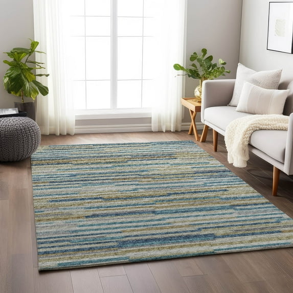 Addison Rugs Mayfield Washable Transitional Stripes, Bars, Horizontal Lines Blue Rectangle Rug, 10' x 14'