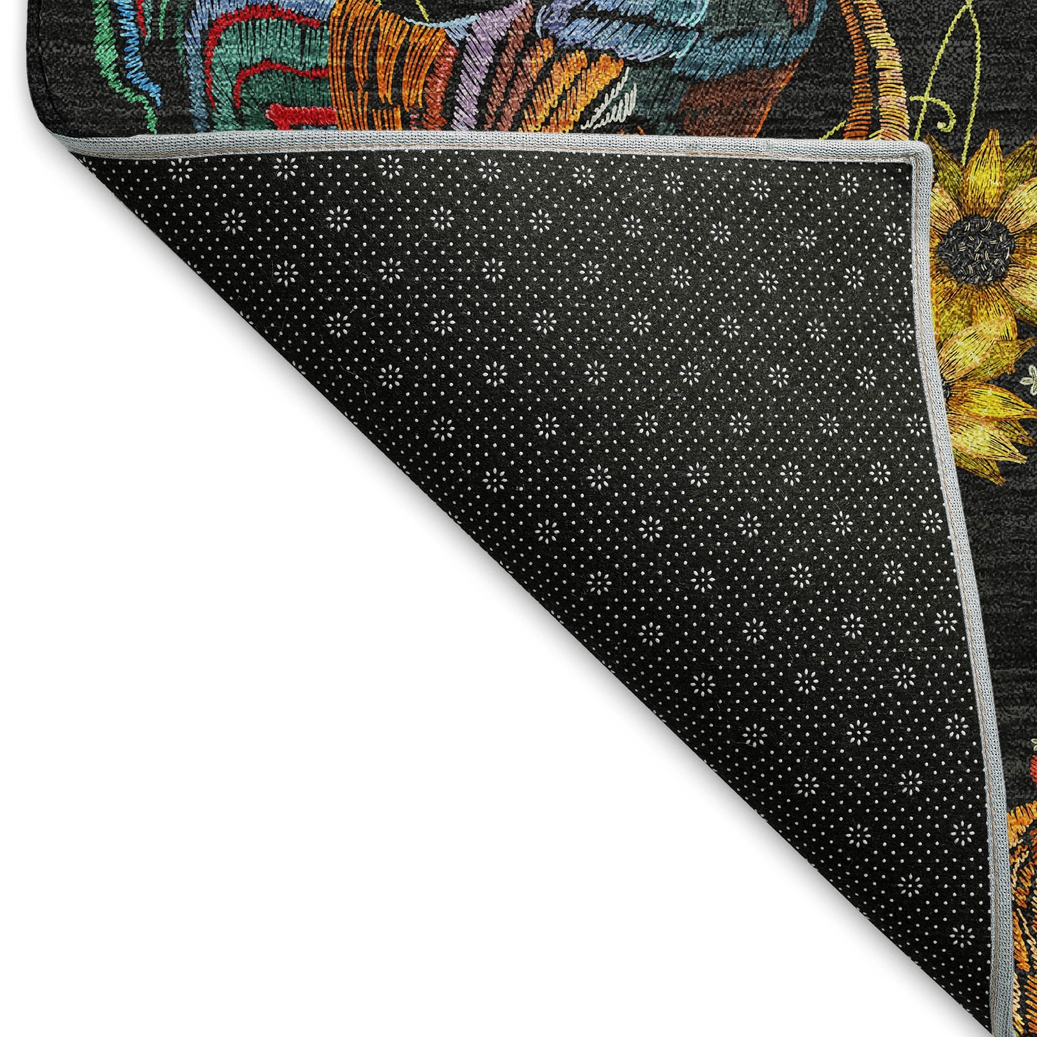 Black and Multicolor Synthetic Rectangular Washable Kitchen Rug