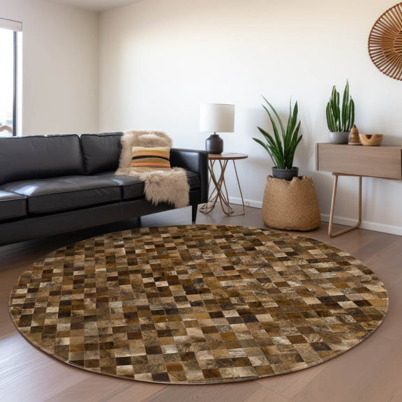 Addison Rugs Mayfield Washable Cowhide Small Boxes Brown Round Rug, 8' x 8'