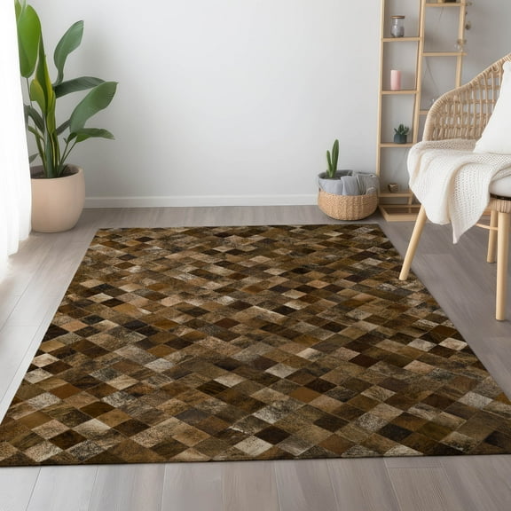 Addison Rugs Mayfield Washable Cowhide Small Boxes Brown Rectangle Rug, 9' x 12'