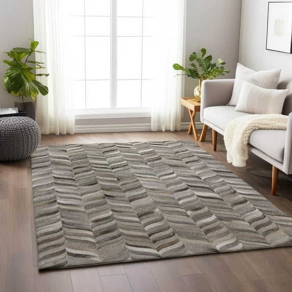 Addison Rugs Mayfield Washable Cowhide Herringbone Gray Rectangle Rug, 9' x 12'
