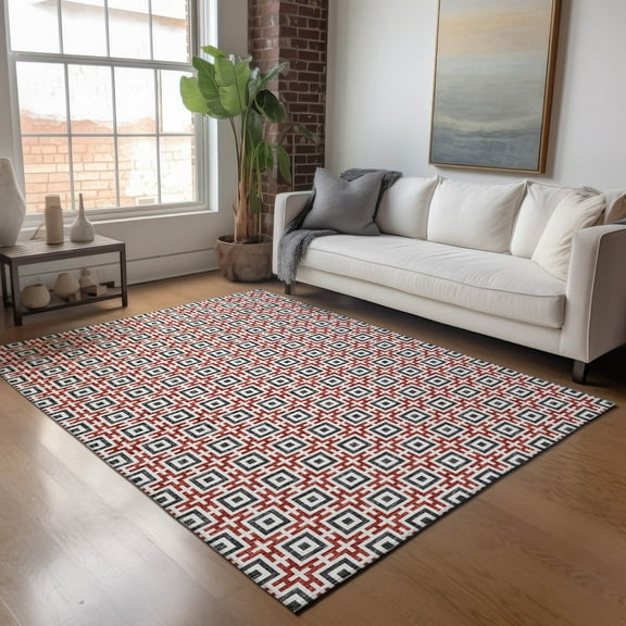 Addison Rugs Mayfield Washable Transitional Modern Squares Red Rectangle Rug, 8' x 10'