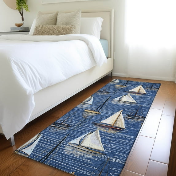 Addison Rugs Mayfield Washable Coastal Sailboat Navy Runner Rug, 2'3" x 7'6"
