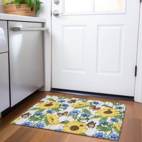 Addison Rugs Mayfield Washable Kitchen Sunflowers/butterfiles Yellow Rectangle Rug, 1'8" x 2'6"