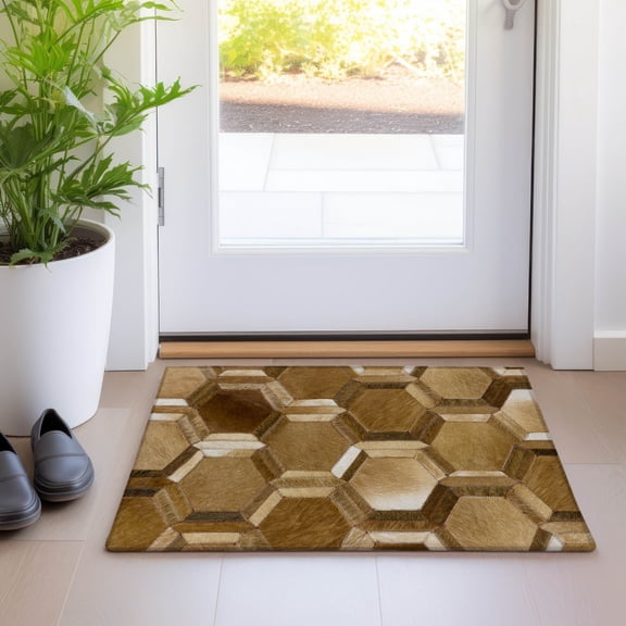 Addison Rugs Mayfield Washable Cowhide Double Octagons Brown Rectangle Rug, 1'8" x 2'6"