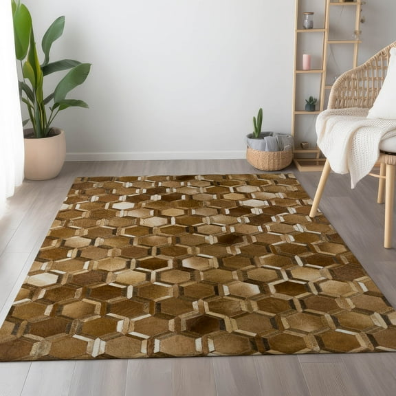 Addison Rugs Mayfield Washable Cowhide Double Octagons Brown Rectangle Rug, 3' x 5'