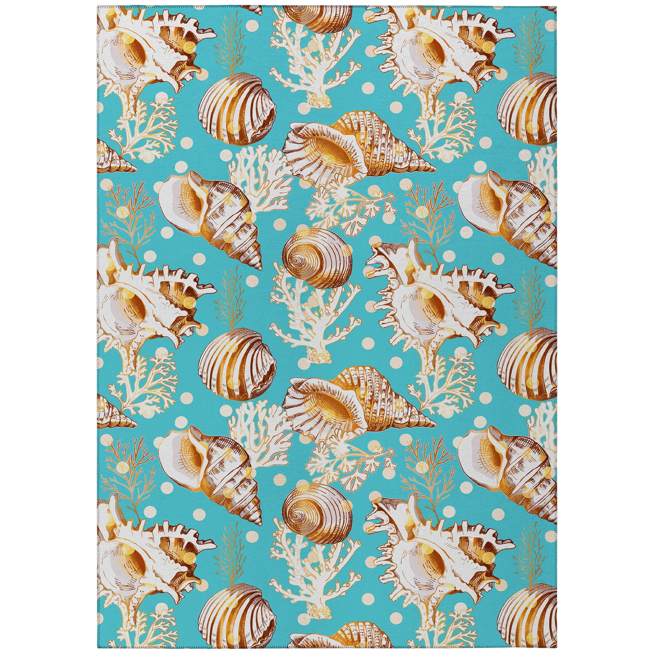 Aqua Coastal Seashells Flat Woven 3' x 5' Chenille Rug