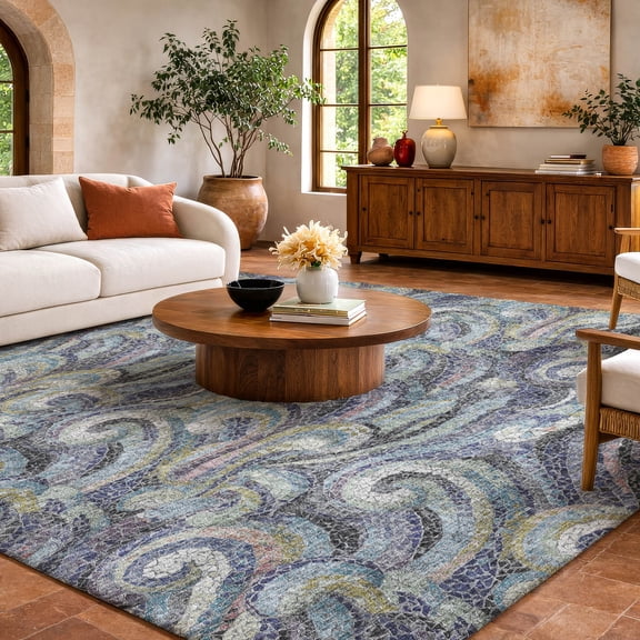 Addison Rugs Dream Shag Premium Machine Washable Transitional Mosaic Waves Stormy Rectangle Rug, 3' x 5'